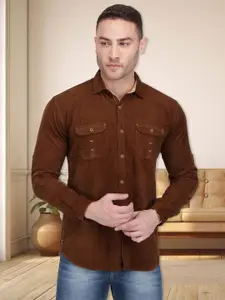 Kuons Avenue Men Coffee Brown Solid Corduroy Casual Shirt