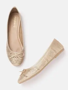 DressBerry Women Muted Gold-Toned Laser Cut Ballerinas with Bow Detail