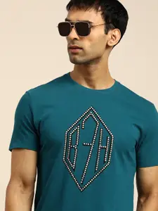 Being Human Men Teal Blue Graphic Printed Pure Cotton Applique T-shirt