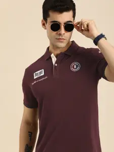 Being Human Men Burgundy Brand Logo Polo Collar Applique Pure Cotton T-shirt