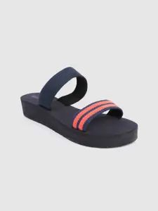 The Roadster Lifestyle Co Women Navy Blue & Peach-Coloured Striped Flip Flops