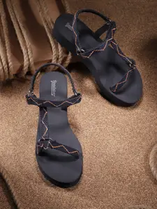 The Roadster Lifestyle Co Women Navy Blue & Orange Chevron Woven Design Sports Sandals