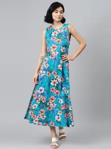 SASSAFRAS Women Blue & Pink Cotton Floral Printed Maxi Dress