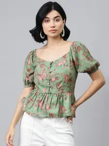 SASSAFRAS Green & Pink Floral Print Puff Sleeves A-line Top