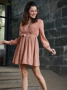 SASSAFRAS Rose Self Design Dobby Weave Wrap Dress & Belt