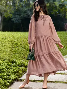 SASSAFRAS Women Dusty Pink Dobby Weave Tiered Midi Dress