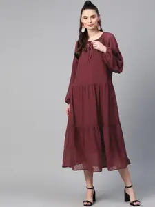 SASSAFRAS Women Burgundy Self Design Dobby Weave A-Line Tiered Midi Dress