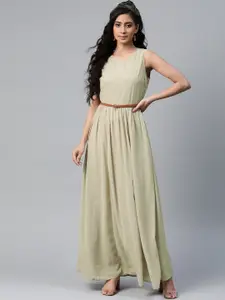 SASSAFRAS Women Olive Green Solid Maxi Dress With Belt