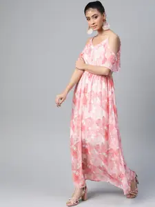 SASSAFRAS Women Pink & White Floral Printed Cold-Shoulder Maxi Dress