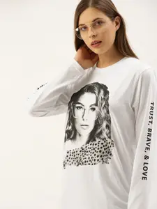 DILLINGER Women White Printed Round Neck Oversized Pure Cotton T-shirt