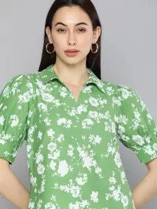 Chemistry Green & White Floral Printed Puff Sleeves Regular Top