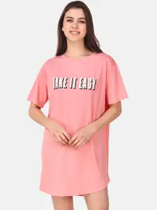 Masha Women Pink & White Printed Cotton Sleep T-Shirt