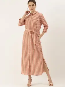 Chemistry Brown & Off White Striped Shirt Midi Dress