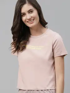 M&H Easy Women Dusty Pink Pure Cotton Solid Cropped T-shirt