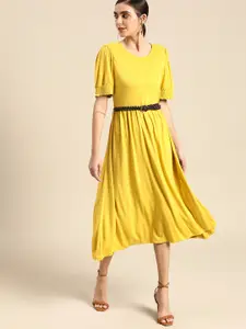 all about you Women Yellow Solid A-Line Midi Dress