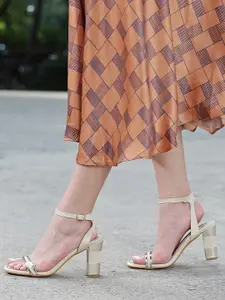 CORSICA Women Beige & Gold-Toned Striped Block Heels
