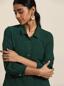 all about you Women Green Solid Regular Fit Solid Casual Shirt
