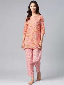 Anubhutee Women Coral Pink & Yellow Pure Cotton Printed Night suit