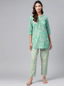 Anubhutee Women Green & Pink Pure Cotton Printed Night suit