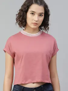 The Roadster Lifestyle Co Women Pink Solid Pure Cotton Extended Sleeves Pure Cotton T-shirt