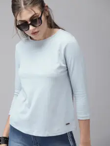 The Roadster Lifestyle Co Women Blue Solid Round Neck Pure Cotton T-shirt