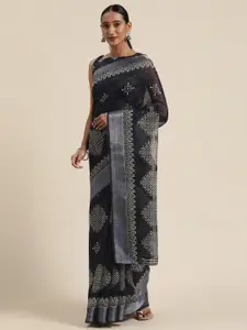 Saree mall Navy Blue & White Cotton Blend Printed Bandhani Saree