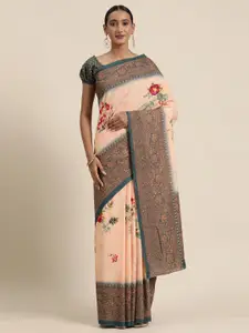 Saree mall Peach-Coloured & Green Silk Cotton Printed Bagh Saree
