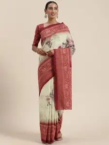 Saree mall Beige & Maroon Silk Cotton Floral Printed Bagh Saree