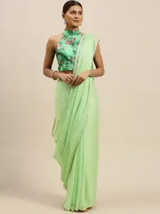Saree mall Sea Green Striped Chanderi Saree