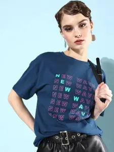 The Roadster Lifestyle Co. Women Navy Blue Pure Cotton Foraging Offgrid Graphics T-shirt