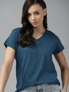 Roadster Women Blue Solid Pure Cotton T-shirt