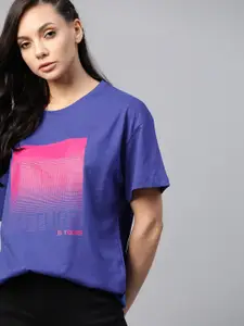 Roadster Women Blue  Pink Printed Round Neck Pure Cotton T-shirt