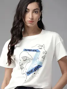 The Roadster Lifestyle Co Women White Relaxed Fit Printed Round Neck Pure Cotton T-shirt