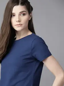 The Roadster Lifestyle Co Women Navy Blue Pure Cotton Solid Round Neck Pure Cotton T-shirt