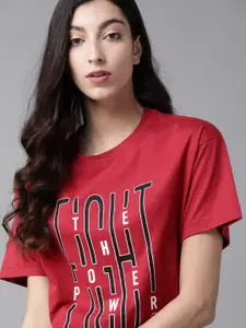 Roadster Women Red  Black Printed Boxy Round Neck T-shirt