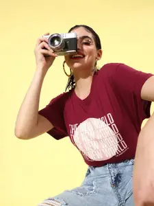 The Roadster Lifestyle Co. Women Red Pure Cotton Typography Printed Boxy T-shirt