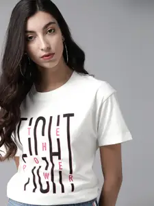 The Roadster Lifestyle Co Women White & Black Printed Boxy Round Neck T-shirt