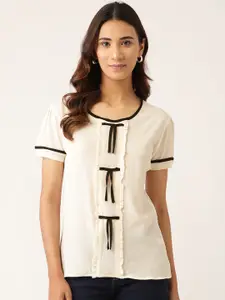 RIVI Women Off-White Puff Sleeves Tie-Up Crepe Top