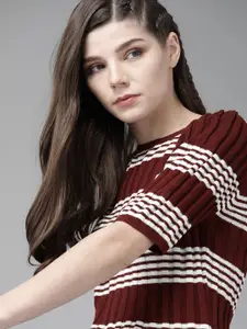 The Roadster Lifestyle Co Maroon & White Striped Fitted Top