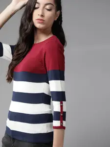 The Roadster Lifestyle Co Maroon & Off-White Striped Regular Flat Knit Top