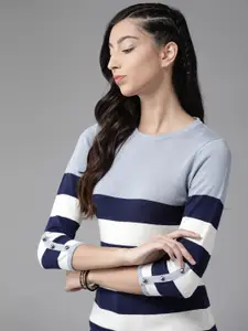 The Roadster Lifestyle Co Blue & Off- White Striped Flat Knit Top