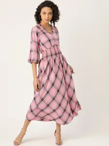 Antheaa Women Pink & Navy Blue Checked Cotton Fit & Flare Smocked Midi Dress