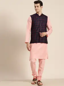 SOJANYA Men Pink & Navy Blue Solid Kurta with Churidar With Nehru Jacket