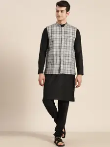SOJANYA Men Black Solid Kurta with Churidar & Nehru Jacket