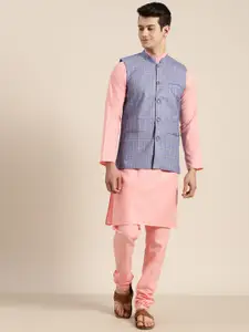 SOJANYA Men Pink Solid Kurta with Churidar & Nehru Jacket