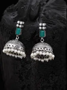 PANASH Silver-Plated & Green Oxidised Jhumkas