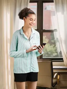 Tokyo Talkies Women Green Regular Fit Striped Sleep Shirt