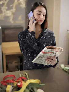 Tokyo Talkies Women Black Regular Fit Printed Sleep Shirt