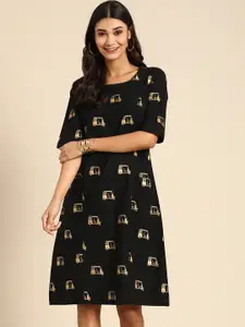 Varanga Women Black & Beige Printed A-Line Panelled Dress with Pockets