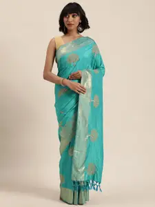 MOHEY Blue & Gold-Toned Satin Embroidered Saree